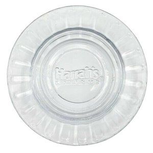 Vintage Harrah's Casino Ashtray Hotel Motel Embossed Logo Clear Glass 4.5" Round